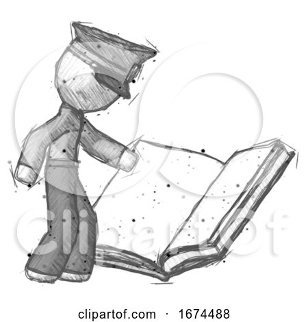 Sketch Police Man Reading Big Book While Standing Beside It by Leo Blanchette