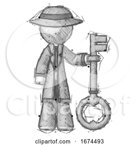 Sketch Detective Man Holding Key Made of Gold by Leo Blanchette