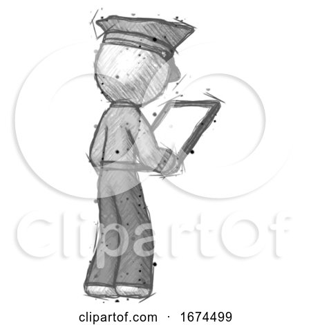 Sketch Police Man Looking at Tablet Device Computer Facing Away by Leo Blanchette