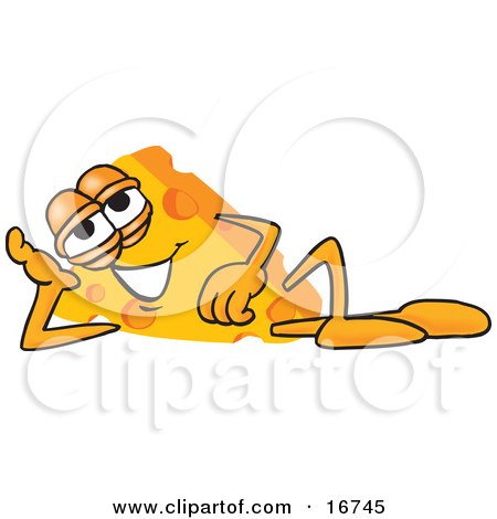 Clipart Picture of a Wedge of Orange Swiss Cheese Mascot Cartoon Character Resting His Head on His Hand While Lying on His Side by Mascot Junction