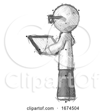 Sketch Doctor Scientist Man Looking at Tablet Device Computer with Back to Viewer by Leo Blanchette
