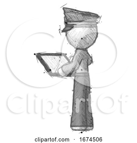 Sketch Police Man Looking at Tablet Device Computer with Back to Viewer by Leo Blanchette