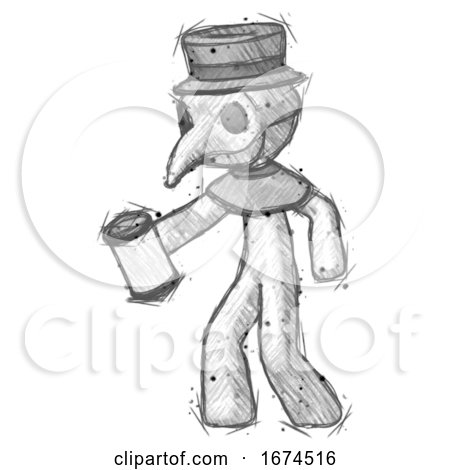 Sketch Plague Doctor Man Begger Holding Can Begging or Asking for Charity Facing Left by Leo Blanchette