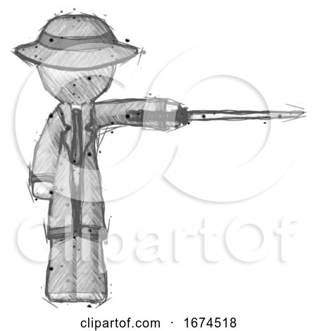 Sketch Detective Man Standing with Ninja Sword Katana Pointing Right by Leo Blanchette