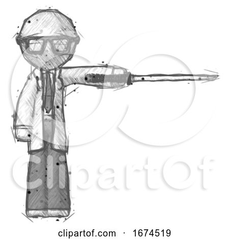 Sketch Doctor Scientist Man Standing with Ninja Sword Katana Pointing Right by Leo Blanchette