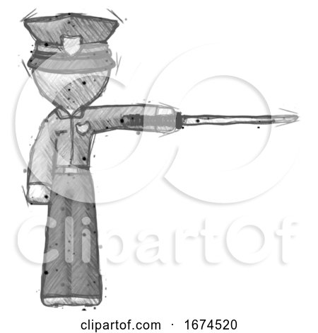 Sketch Police Man Standing with Ninja Sword Katana Pointing Right by Leo Blanchette
