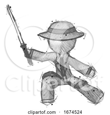 Sketch Detective Man with Ninja Sword Katana in Defense Pose by Leo Blanchette