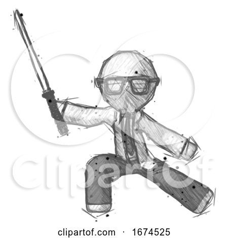 Sketch Doctor Scientist Man with Ninja Sword Katana in Defense Pose by Leo Blanchette
