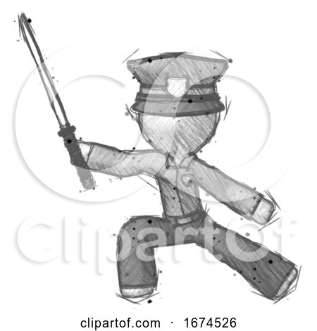 Sketch Police Man with Ninja Sword Katana in Defense Pose by Leo Blanchette