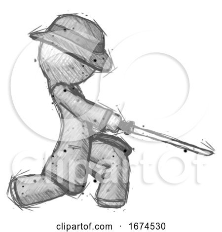 Sketch Detective Man with Ninja Sword Katana Slicing or Striking Something by Leo Blanchette