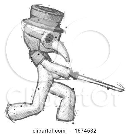 Sketch Plague Doctor Man with Ninja Sword Katana Slicing or Striking Something by Leo Blanchette