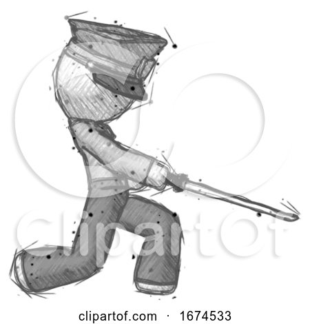 Sketch Police Man with Ninja Sword Katana Slicing or Striking Something by Leo Blanchette