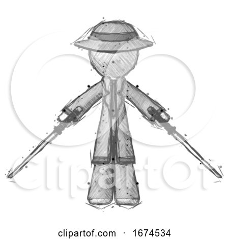 Sketch Detective Man Posing with Two Ninja Sword Katanas by Leo Blanchette