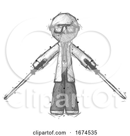 Sketch Doctor Scientist Man Posing with Two Ninja Sword Katanas by Leo Blanchette