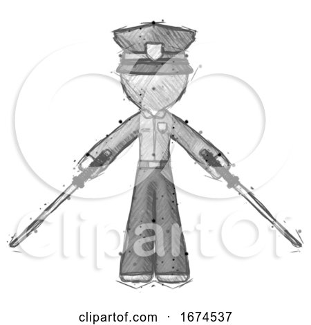 Sketch Police Man Posing with Two Ninja Sword Katanas by Leo Blanchette