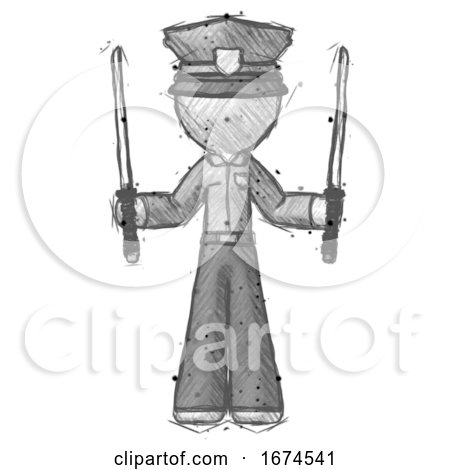Sketch Police Man Posing with Two Ninja Sword Katanas up by Leo Blanchette