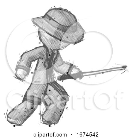 Sketch Detective Man Stabbing with Ninja Sword Katana by Leo Blanchette
