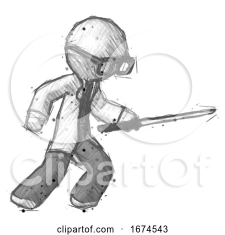 Sketch Doctor Scientist Man Stabbing with Ninja Sword Katana by Leo Blanchette