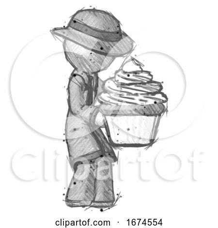 Sketch Detective Man Holding Large Cupcake Ready to Eat or Serve by Leo Blanchette