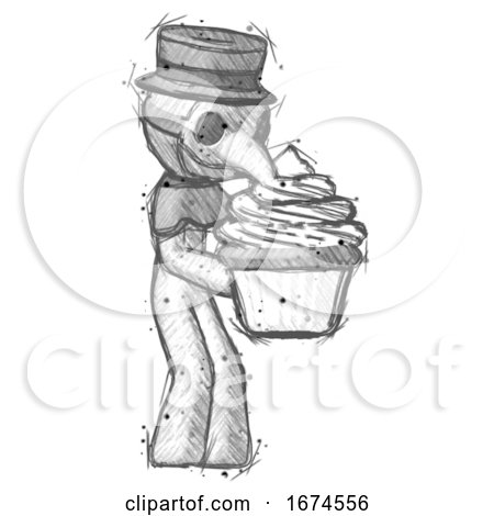 Sketch Plague Doctor Man Holding Large Cupcake Ready to Eat or Serve by Leo Blanchette