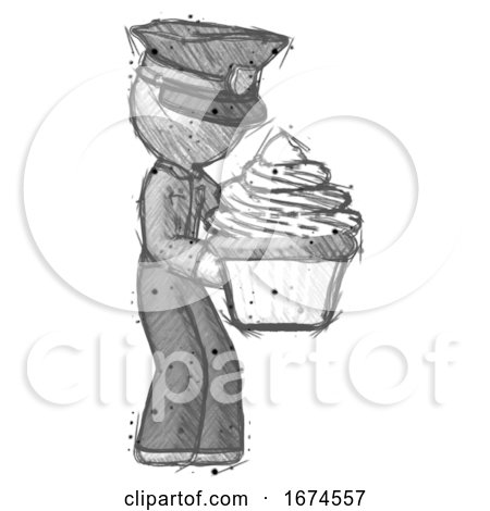 Sketch Police Man Holding Large Cupcake Ready to Eat or Serve by Leo Blanchette
