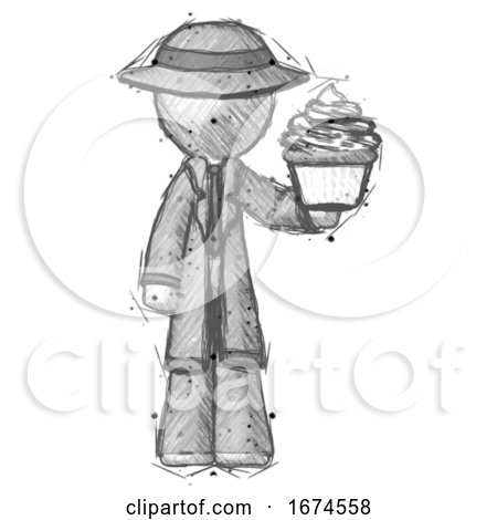 Sketch Detective Man Presenting Pink Cupcake to Viewer by Leo Blanchette
