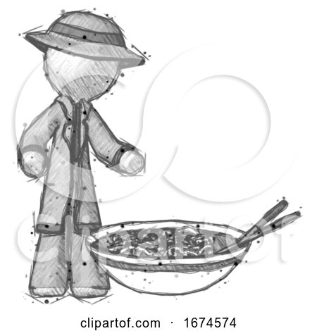 Sketch Detective Man and Noodle Bowl, Giant Soup Restaraunt Concept by Leo Blanchette