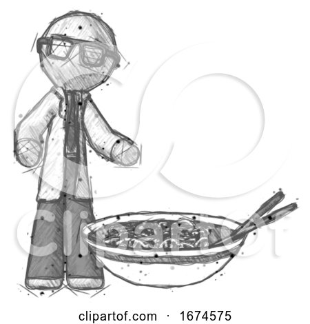 Sketch Doctor Scientist Man and Noodle Bowl, Giant Soup Restaraunt Concept by Leo Blanchette