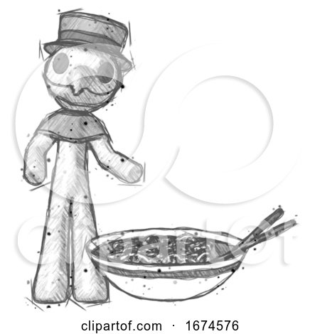 Sketch Plague Doctor Man and Noodle Bowl, Giant Soup Restaraunt Concept by Leo Blanchette