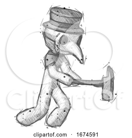 Sketch Plague Doctor Man with Ax Hitting, Striking, or Chopping by Leo Blanchette