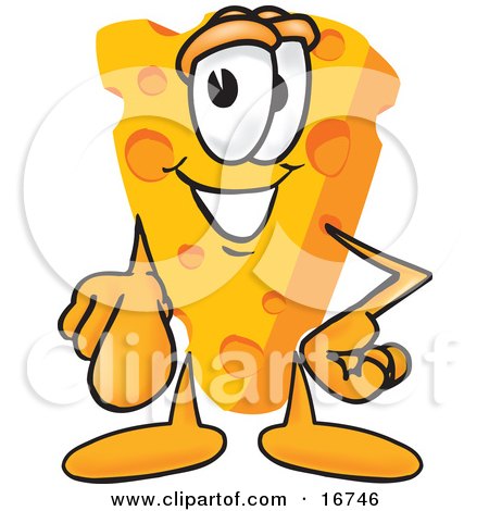 Clipart Picture of a Wedge of Orange Swiss Cheese Mascot Cartoon Character Pointing Outwards at the Viewer by Mascot Junction