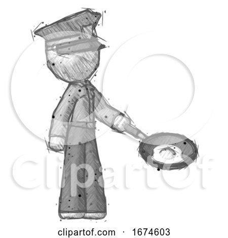 Sketch Police Man Frying Egg in Pan or Wok Facing Right by Leo Blanchette