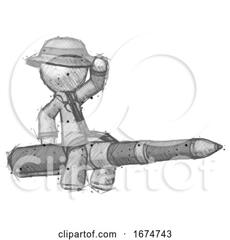 Sketch Detective Man Riding a Pen like a Giant Rocket by Leo Blanchette