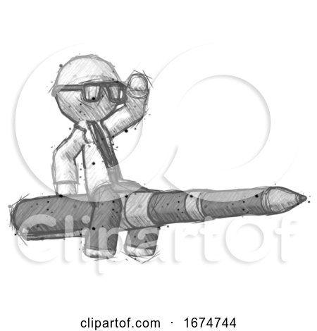 Sketch Doctor Scientist Man Riding a Pen like a Giant Rocket by Leo Blanchette