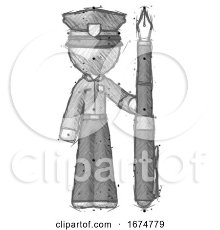 Sketch Police Man Holding Giant Calligraphy Pen by Leo Blanchette