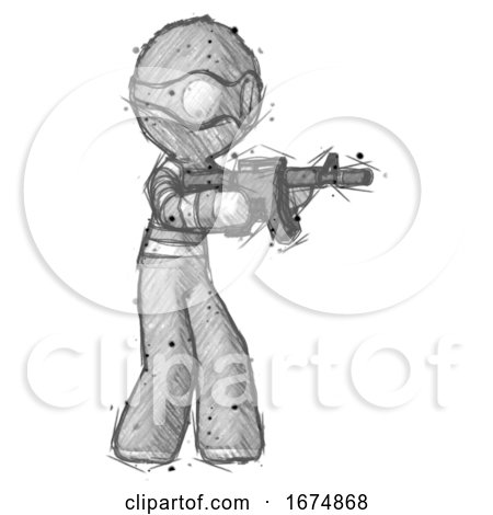 Sketch Thief Man Shooting Automatic Assault Weapon by Leo Blanchette