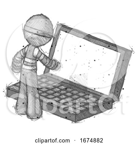 Sketch Thief Man Using Large Laptop Computer by Leo Blanchette