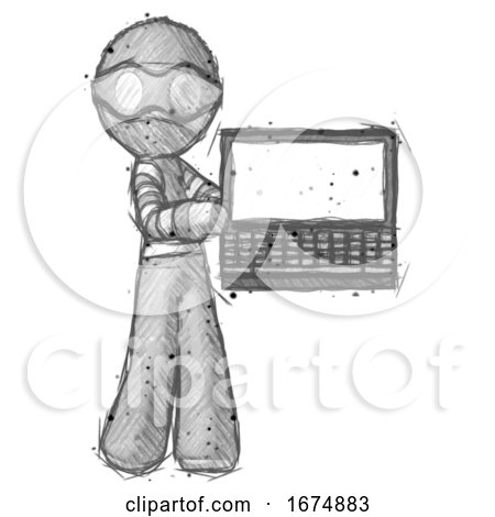 Sketch Thief Man Holding Laptop Computer Presenting Something on Screen by Leo Blanchette