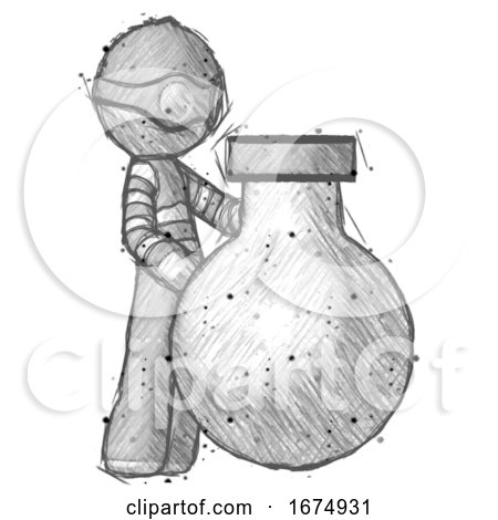Sketch Thief Man Standing Beside Large Round Flask or Beaker by Leo Blanchette