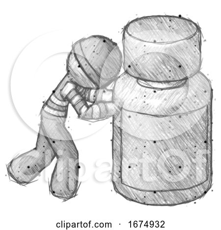 Sketch Thief Man Pushing Large Medicine Bottle by Leo Blanchette