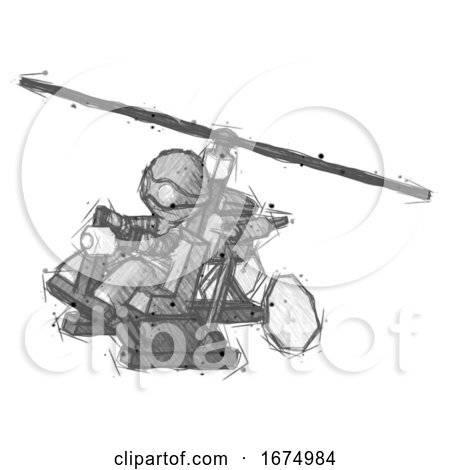 Sketch Thief Man Flying in Gyrocopter Front Side Angle Top View by Leo Blanchette