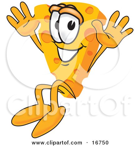 Clipart Picture of a Wedge of Orange Swiss Cheese Mascot Cartoon Character Jumping by Mascot Junction