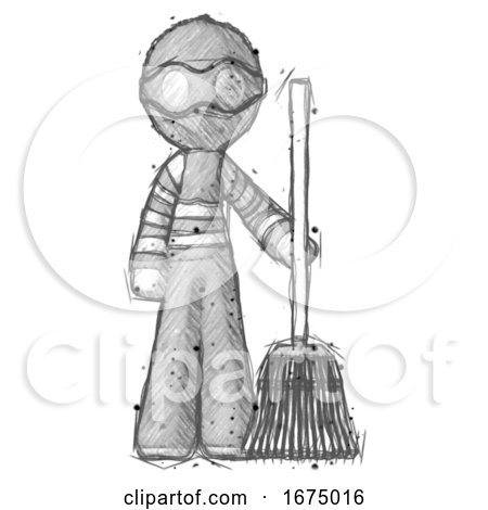 Sketch Thief Man Standing with Broom Cleaning Services by Leo Blanchette