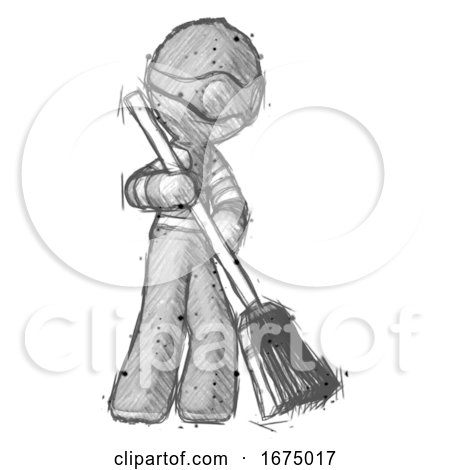 Sketch Thief Man Sweeping Area with Broom by Leo Blanchette