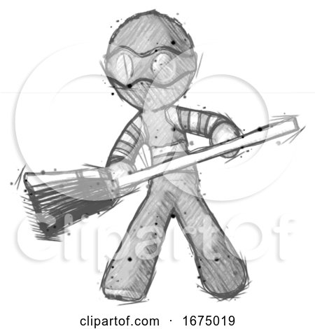 Sketch Thief Man Broom Fighter Defense Pose by Leo Blanchette