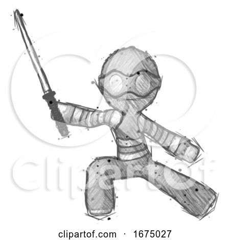 Sketch Thief Man with Ninja Sword Katana in Defense Pose by Leo Blanchette