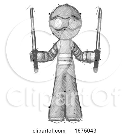 Sketch Thief Man Posing with Two Ninja Sword Katanas up by Leo Blanchette