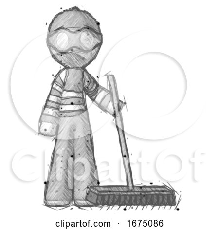 Sketch Thief Man Standing with Industrial Broom by Leo Blanchette