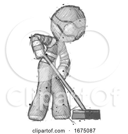 Sketch Thief Man Cleaning Services Janitor Sweeping Side View by Leo Blanchette