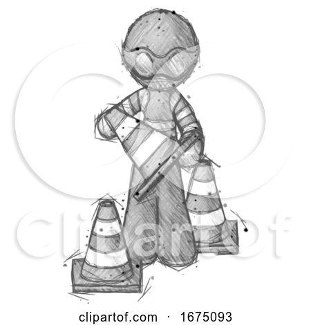 Sketch Thief Man Holding a Traffic Cone by Leo Blanchette